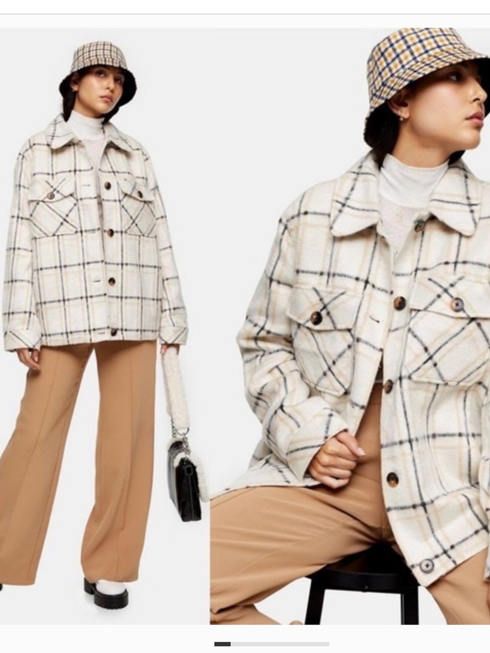 Topshop Cream Plaid Shacket with Black Windowpane
